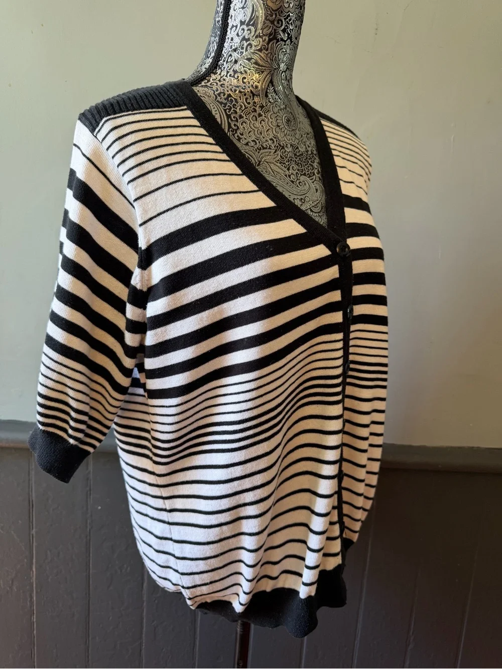 Cathy Daniels Black and White Striped Knit Cardigan